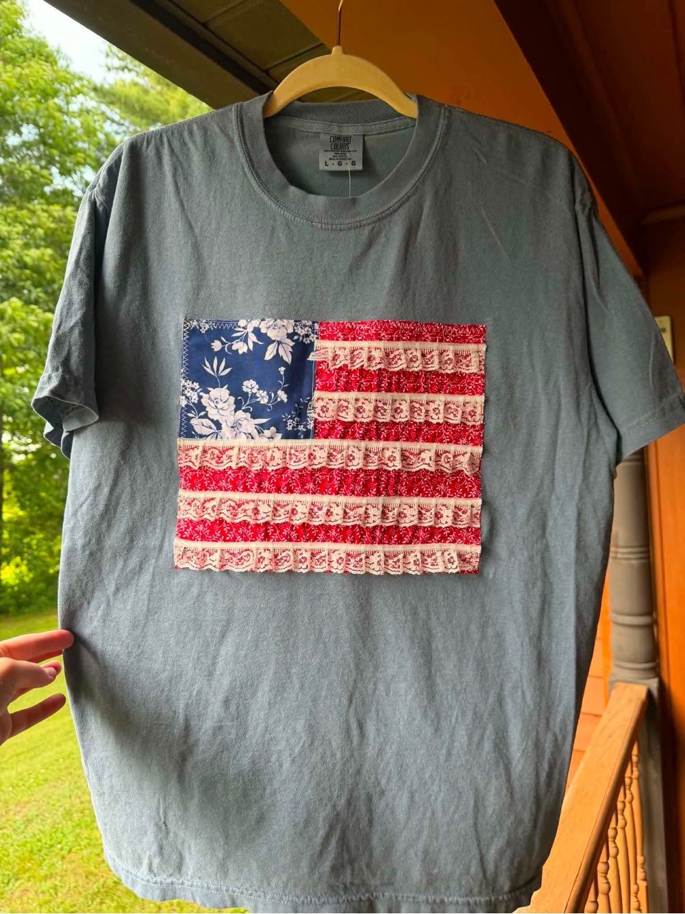 Comfort Colors Blue Jean Short-Sleeve Tee with Fabric Patchwork American Flag